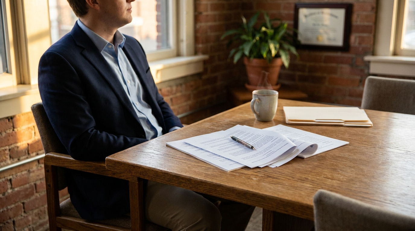 Aurora IL Slip and Fall Attorney Reviewing Case Documents attorney seated at wooden table with legal documents and pen nearby