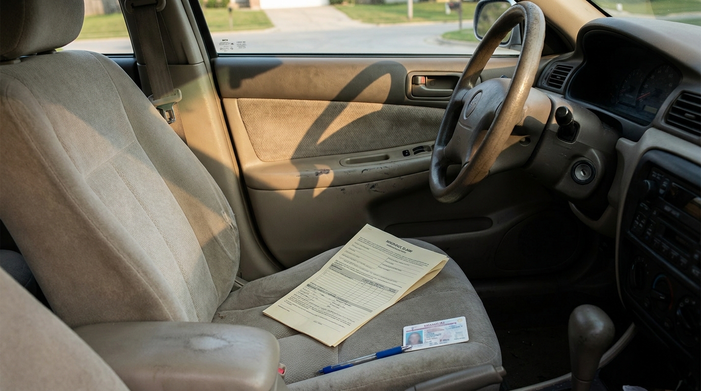 insurance claim form and driver's license on vehicle passenger seat