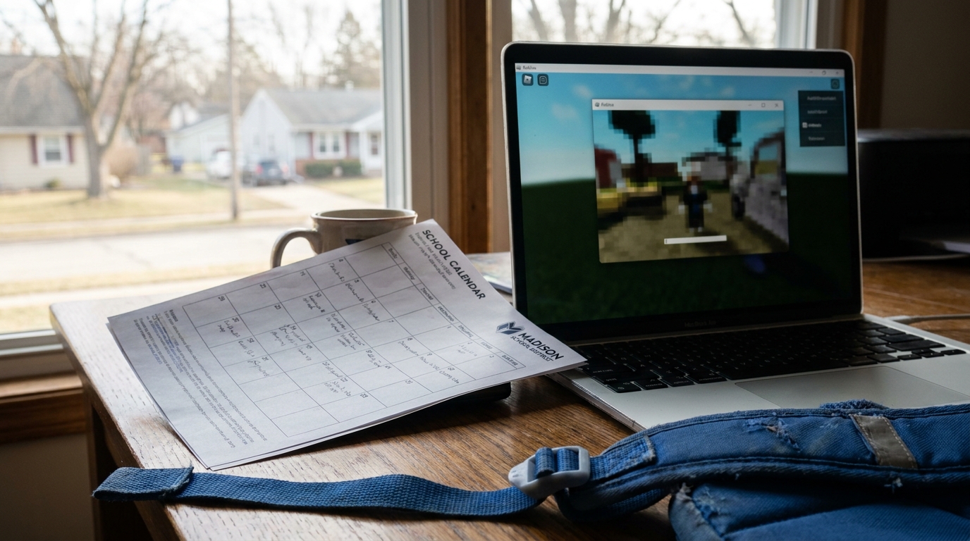 Madison Child Playing Roblox on Laptop With School Calendar Madison School District school calendar document beside open laptop on wooden desk