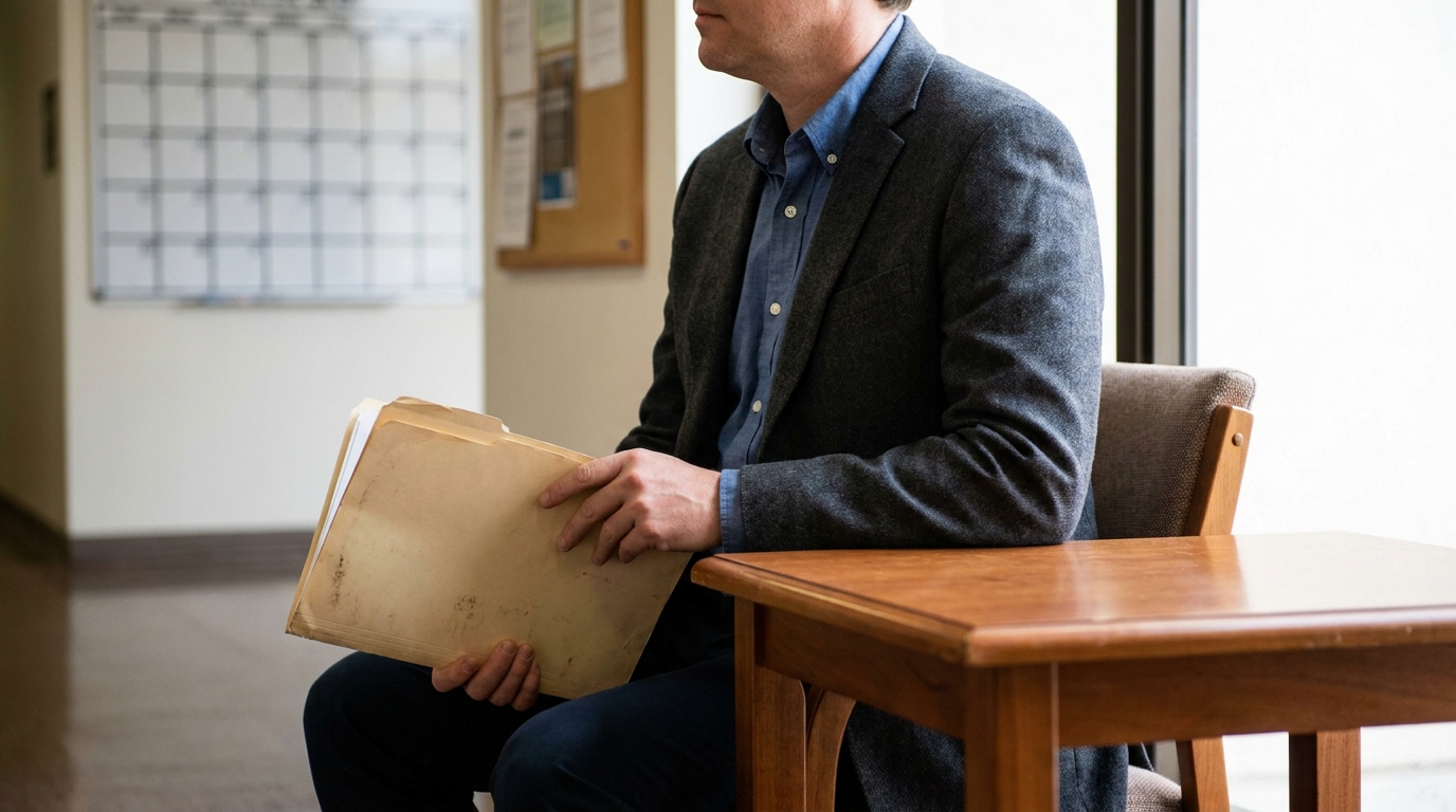 Man Holding DUI Criminal Record File Placerville CA man in blazer seated at wooden table holding thick manila file folder