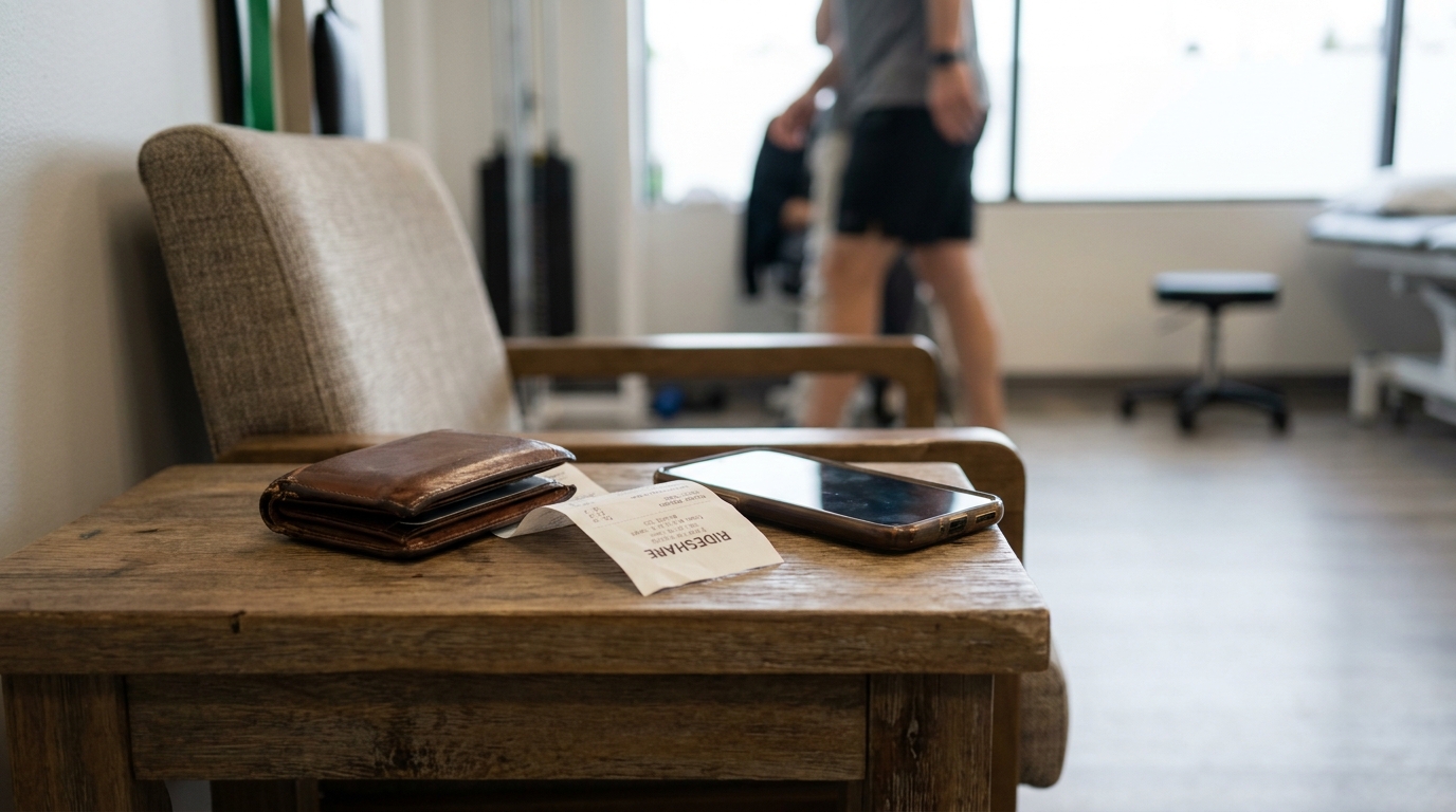 leather wallet, rideshare receipt, and smartphone resting on wooden table