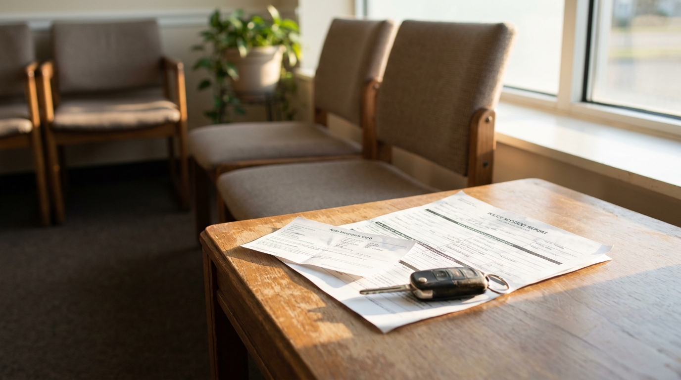 Dayton Car Accident Report and Insurance Documents Police accident report, auto insurance card, and car key on waiting room table
