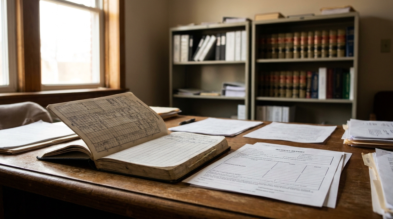 open ledger book and incident report form on wooden desk near law bookshelf