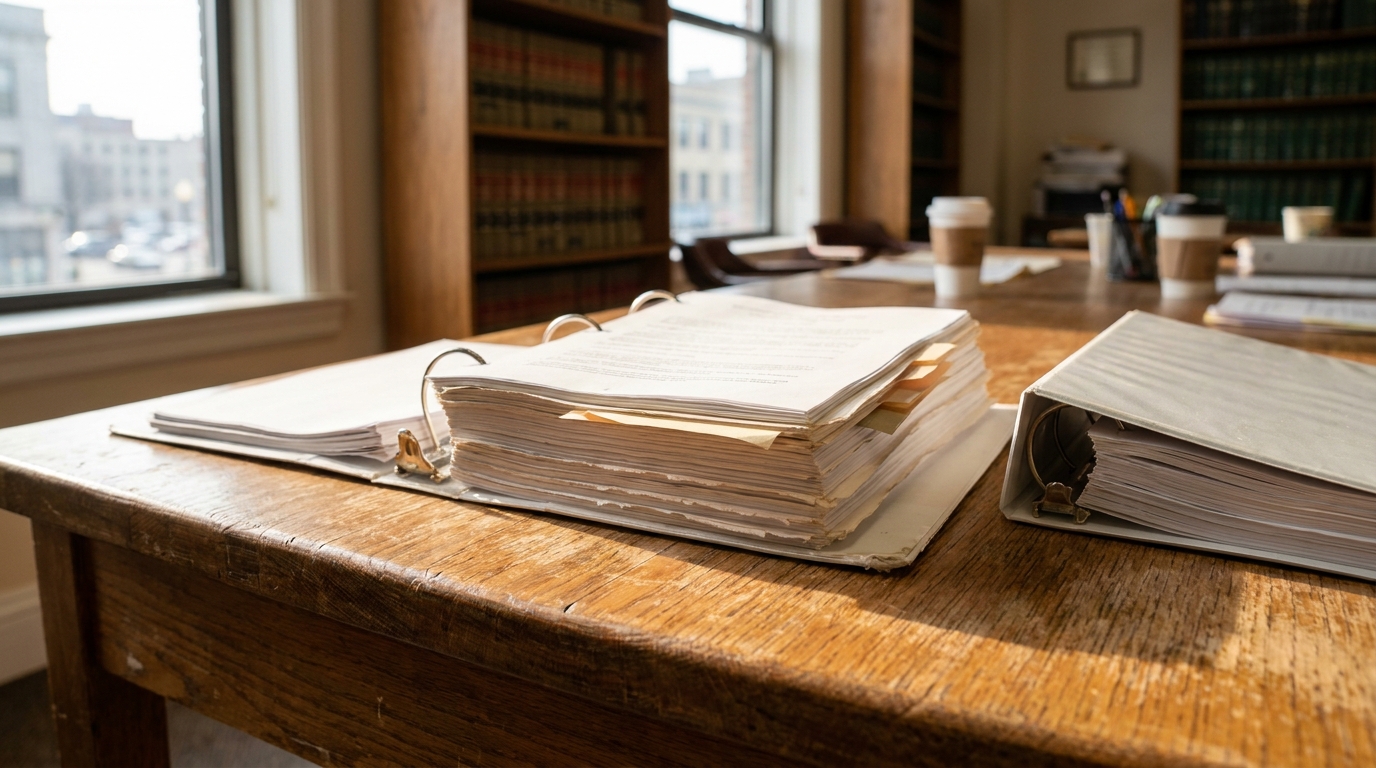 open ring binder filled with legal documents on wooden law office desk