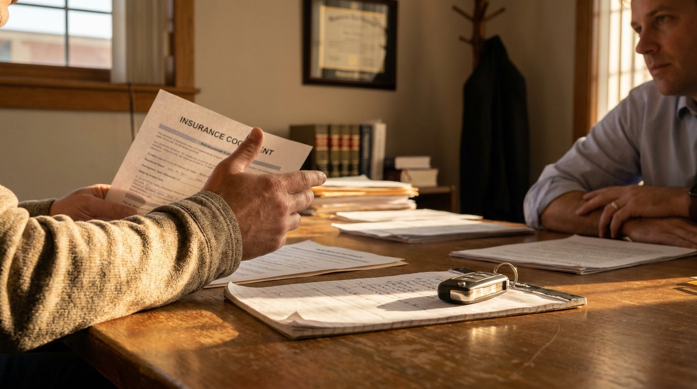 Dayton Car Accident Attorney Reviewing Insurance Claim Documents person holding insurance document across desk from attorney with car keys visible
