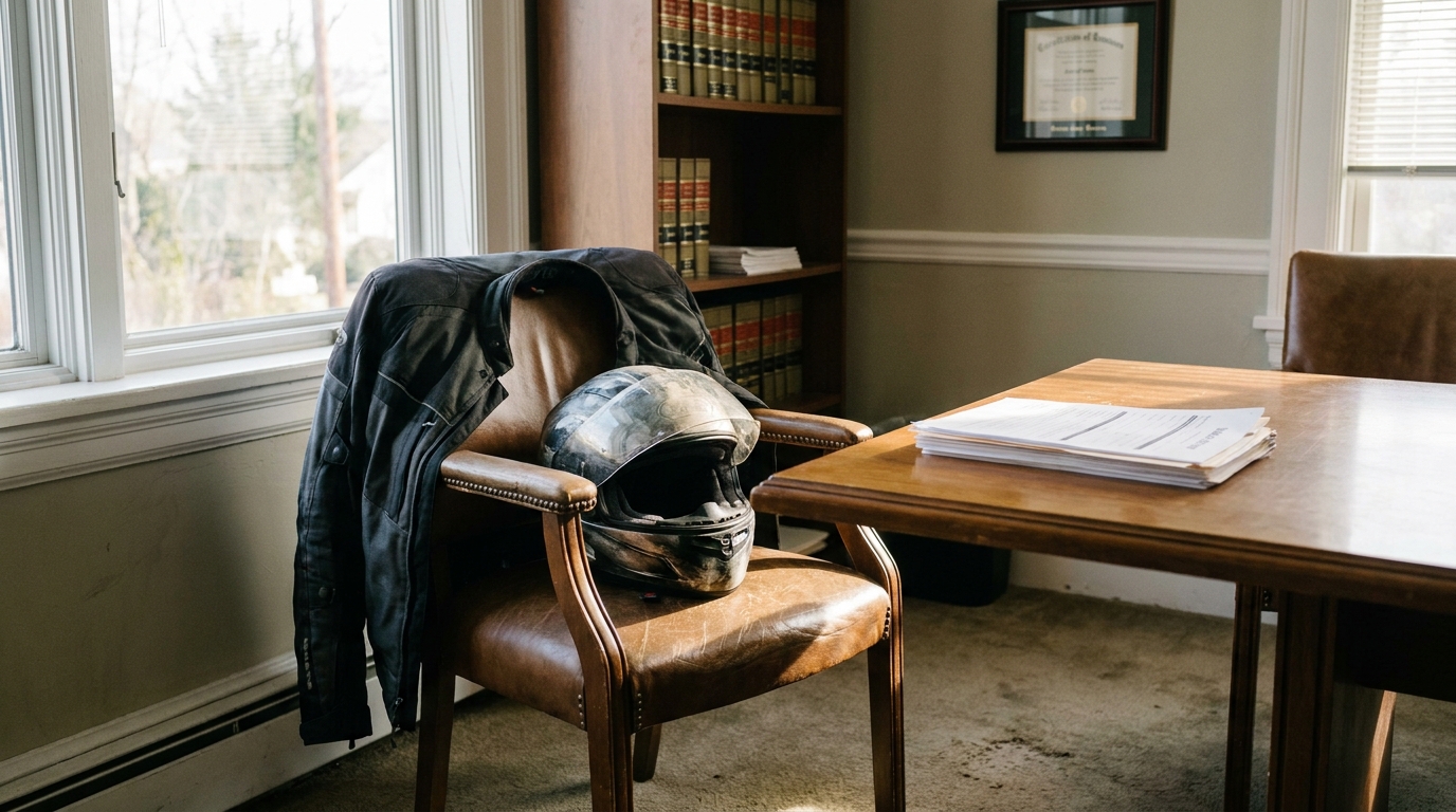 St. Louis Motorcycle Accident Lawyer Office Consultation motorcycle helmet and jacket on chair in law office with legal documents