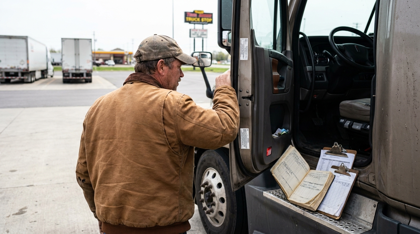 Truck Driver With Logbook at Dayton Ohio Truck Stop truck driver standing beside open cab door with logbook and clipboard on step