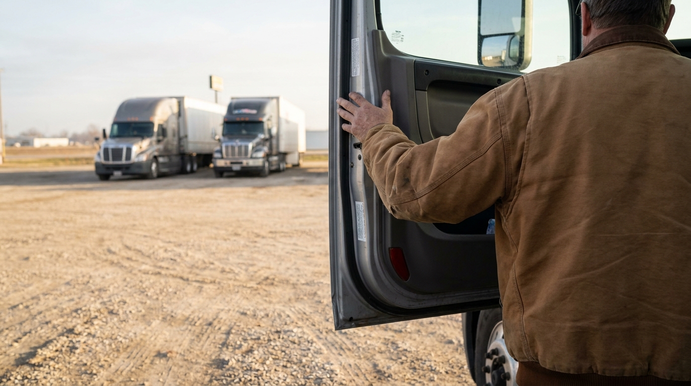 man opening vehicle door at truck stop with two semi-trucks parked nearby