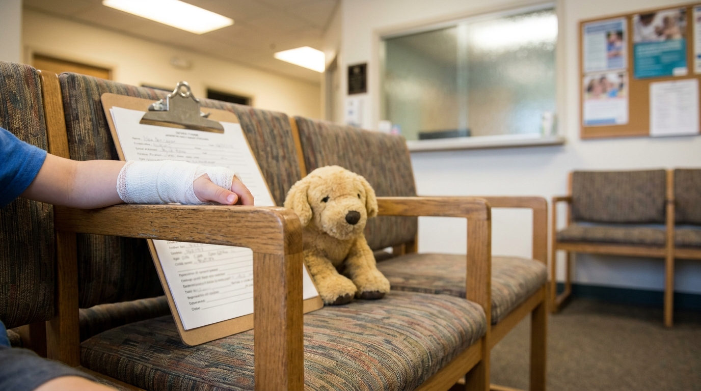 Child Dog Bite Injury Claim Dayton Ohio Medical Office child with bandaged hand holding medical clipboard beside stuffed animal in waiting room