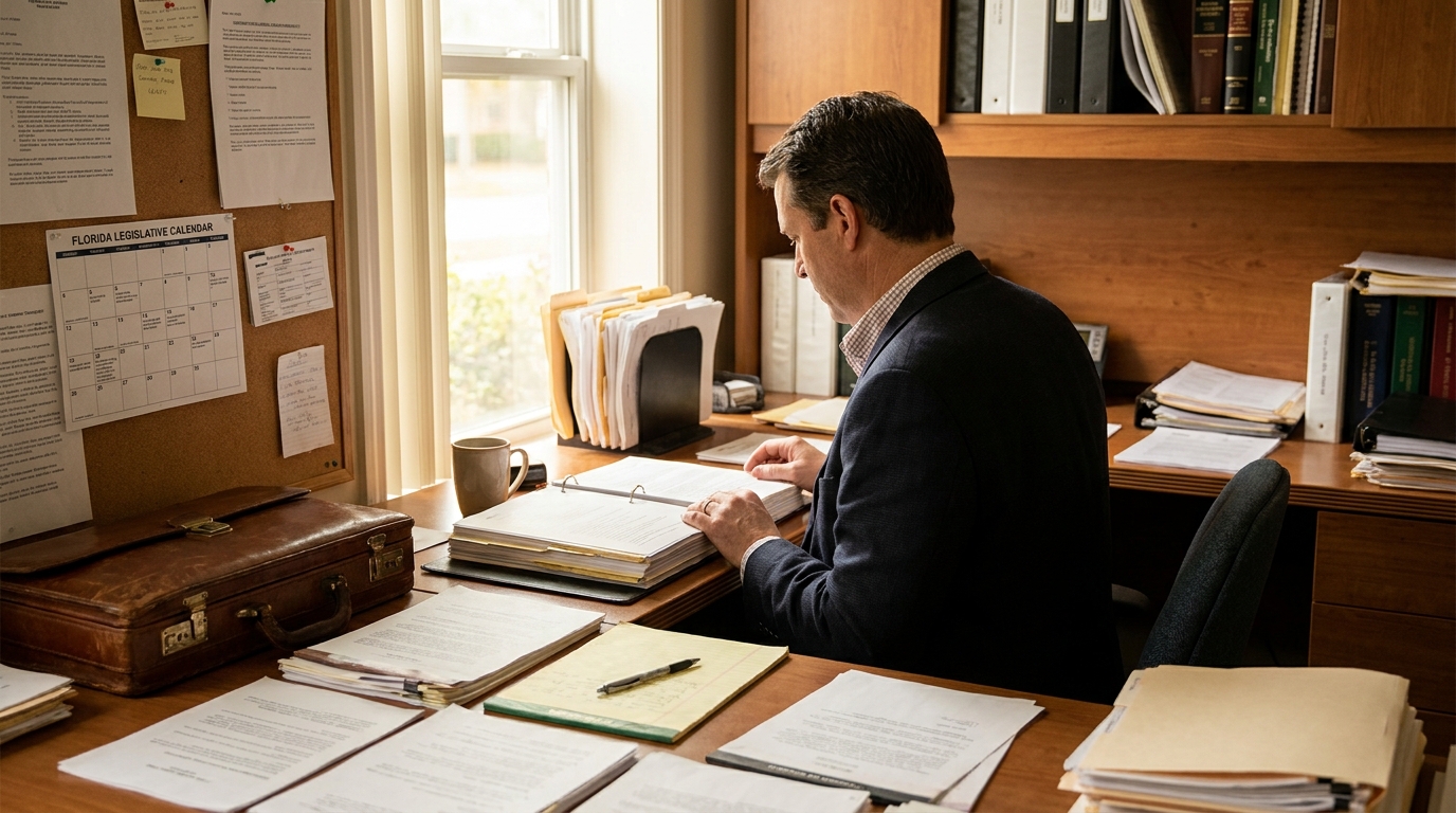 Hollywood Florida Car Accident Lawyer Reviewing Florida PIP Law attorney reviewing open binder at desk beside Florida Legislative Calendar