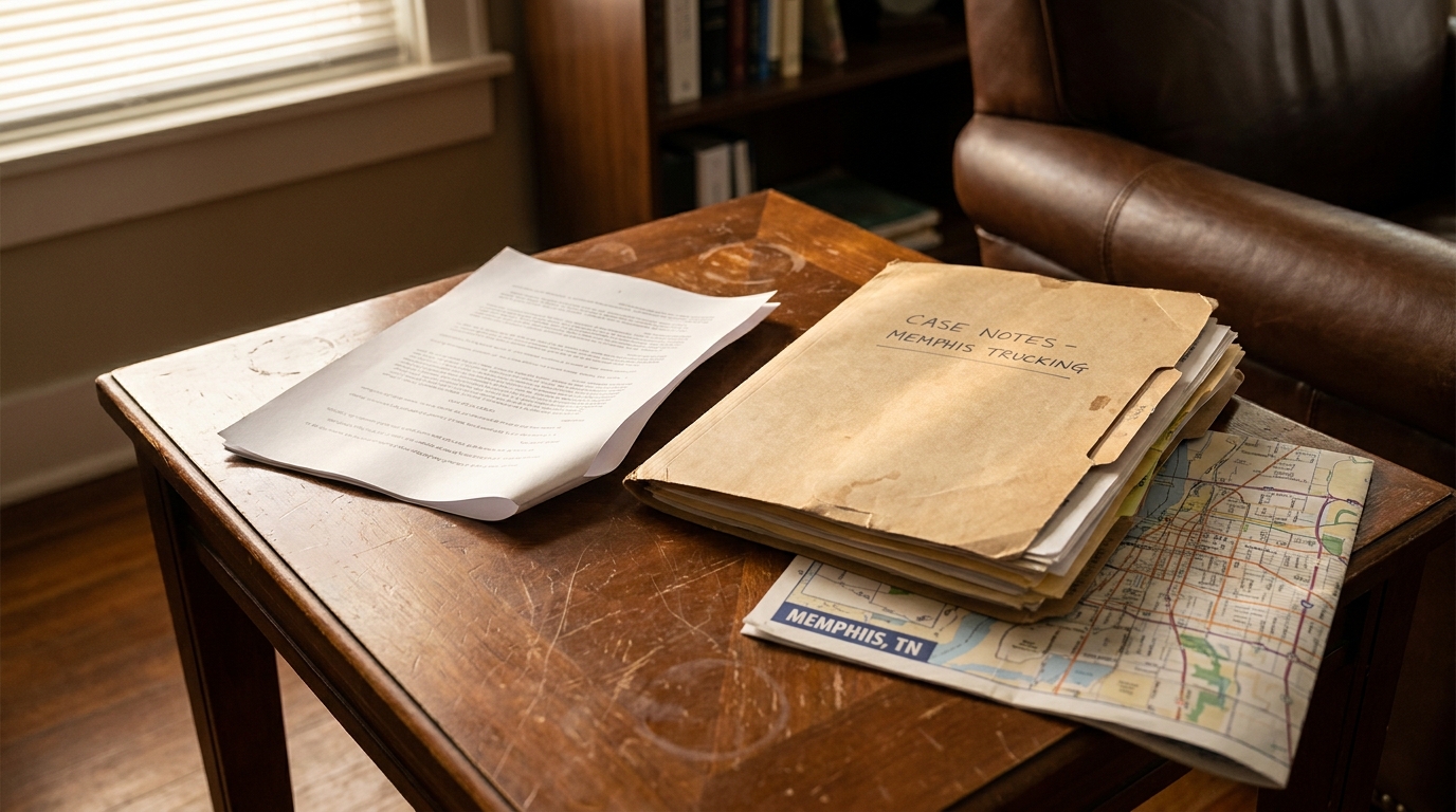Case Notes Memphis Trucking folder with legal documents and Memphis TN map on desk