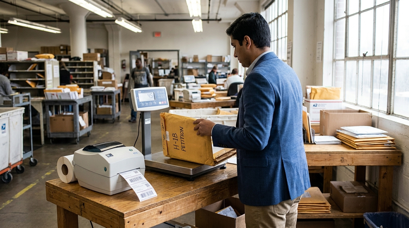man weighing H-1B Petition envelope on postal scale in mail facility