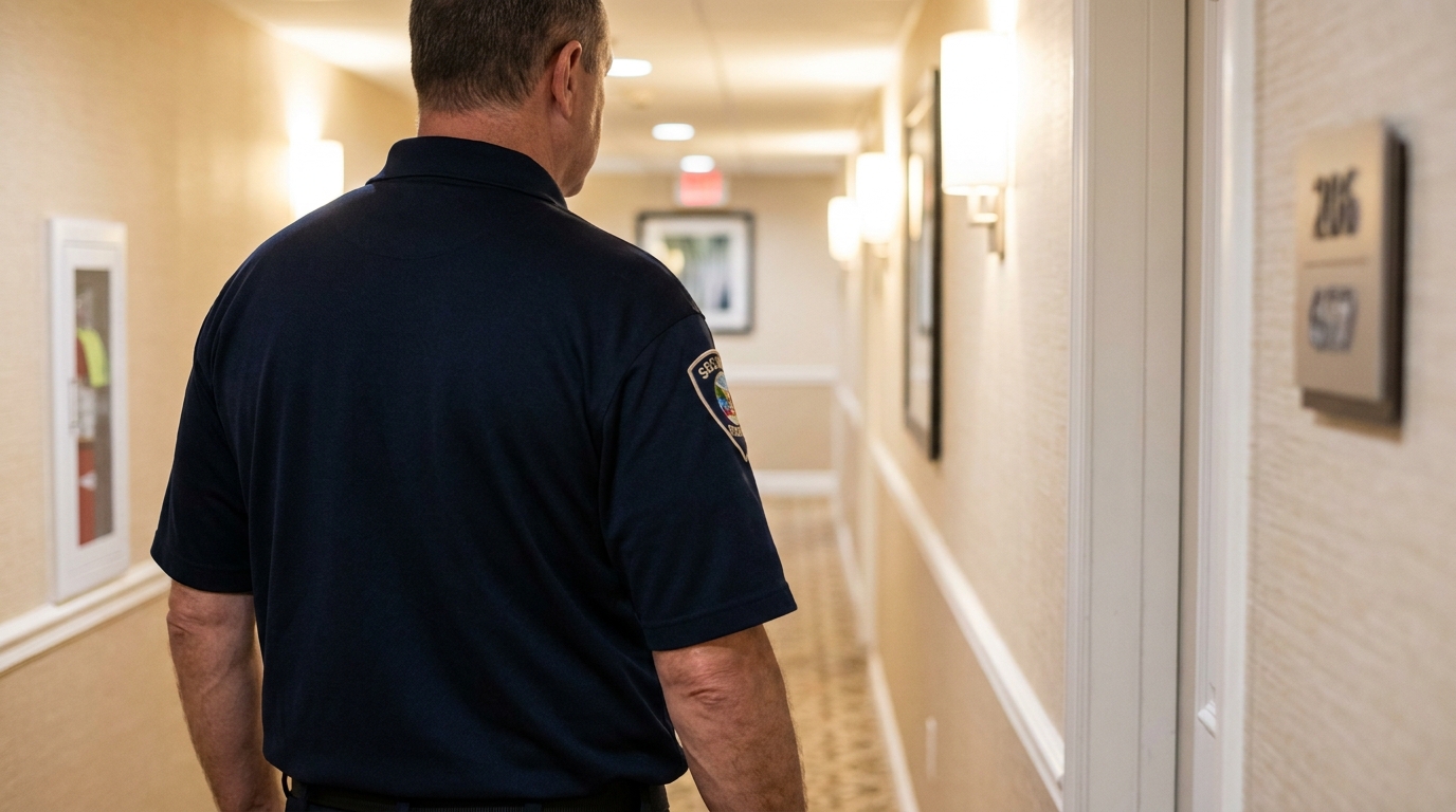 uniformed security guard with shoulder patch walking down facility hallway