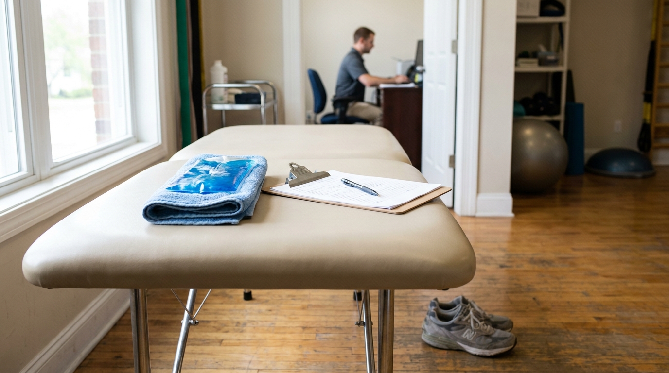 physical therapy treatment table with clipboard, ice pack, and sneakers on floor