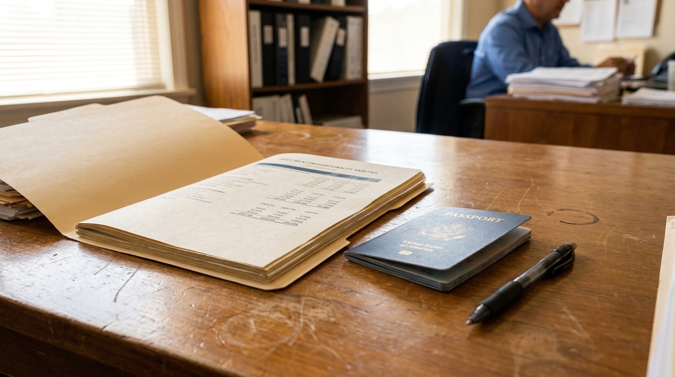 E-2 Visa Proportionality Test Investment Documents US Passport United States passport and open legal document folder on wooden office desk