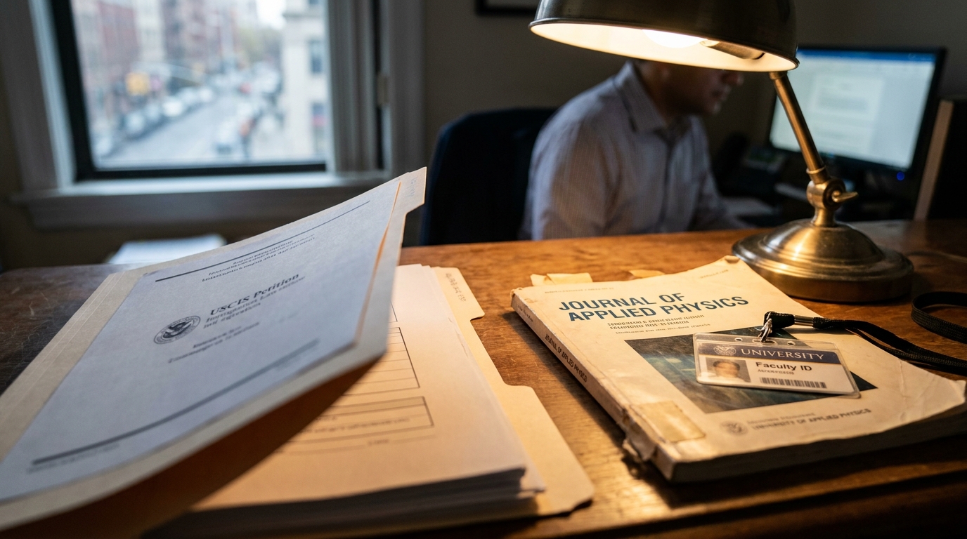 USCIS EB-1A Petition Documents Einstein Visa Review USCIS Petition documents and Journal of Applied Physics with university faculty ID on desk
