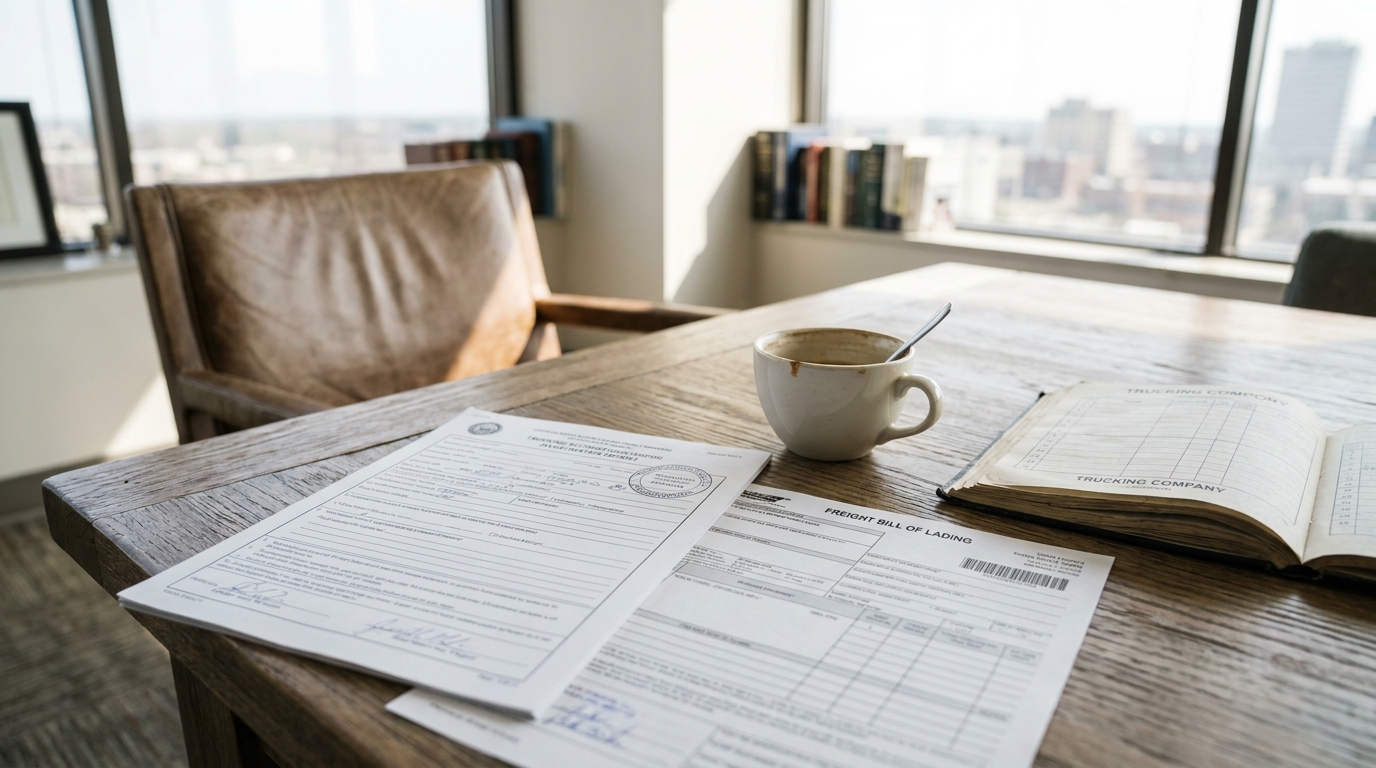 Memphis Truck Accident Lawyer Reviewing Trucking Company Liability Documents Freight bill of lading and trucking company documents on law office desk