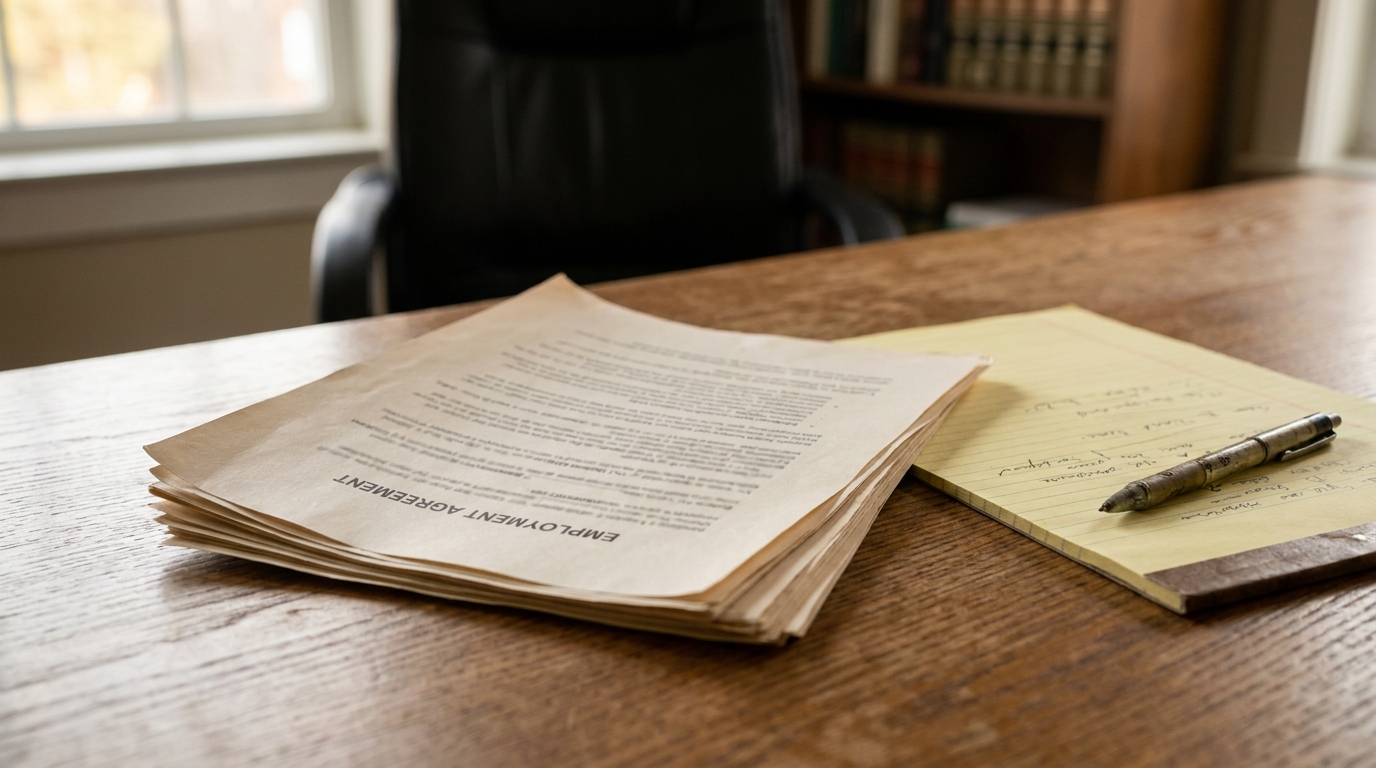 Employment Agreement document stack on wooden desk beside handwritten notepad and pen