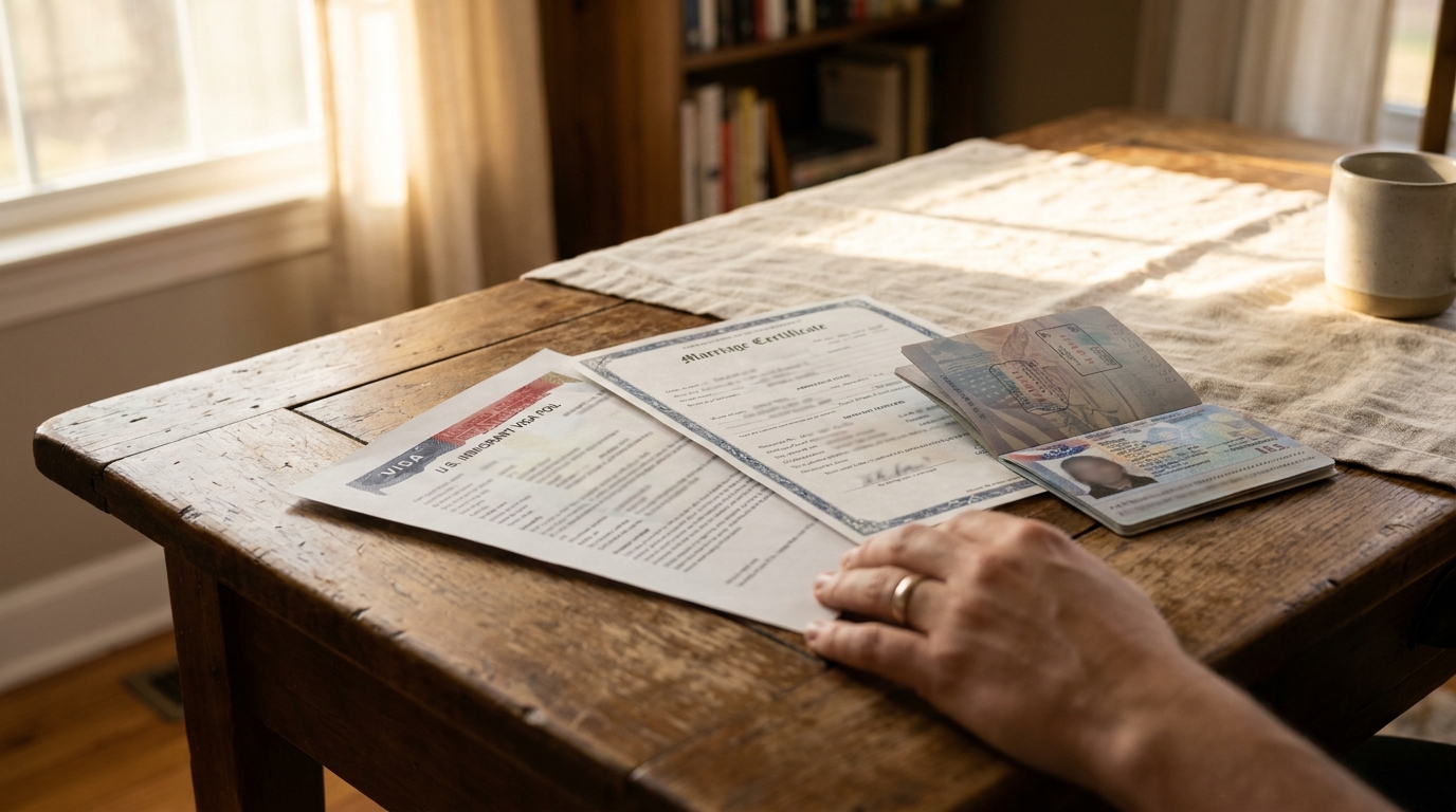 San Diego Marriage Green Card Consular Processing Documents hand resting on U.S. immigrant visa form, marriage certificate, and passport on wooden table
