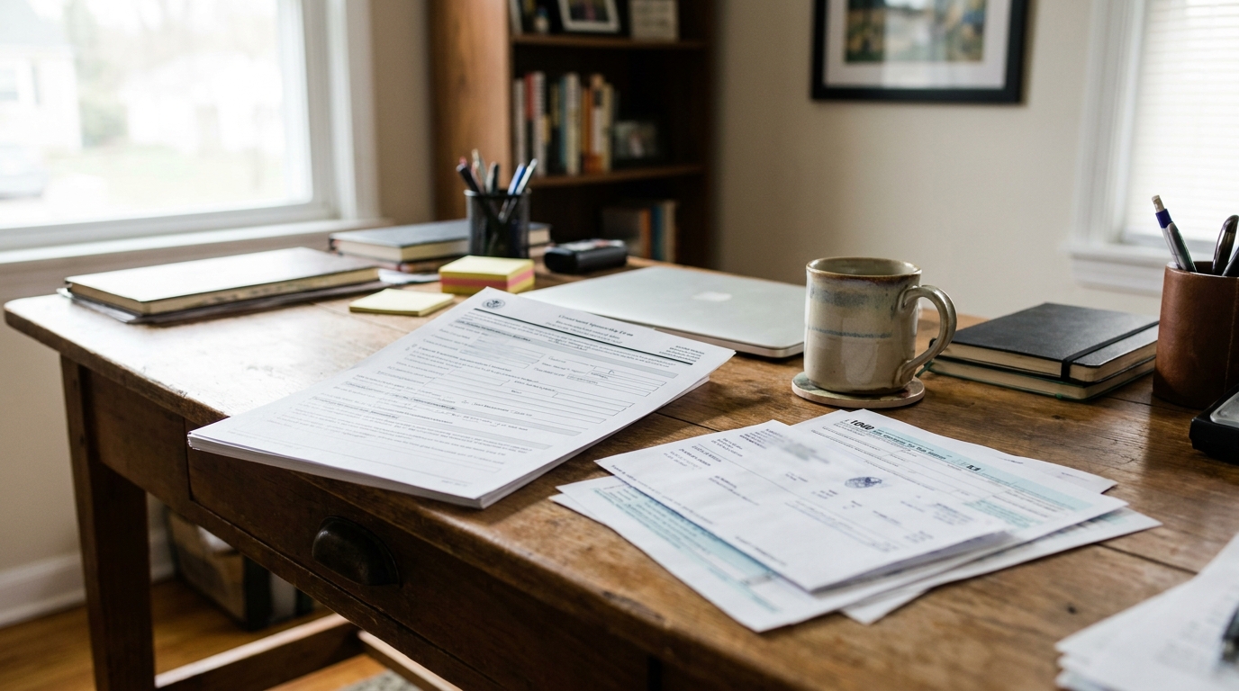 IRS tax forms and legal documents spread across wooden desk with coffee mug