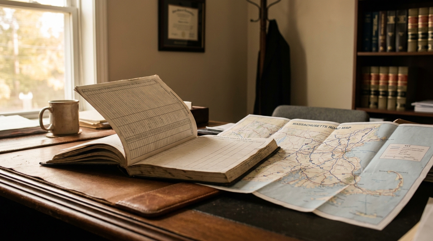 Boston Truck Accident Lawyer Desk With Massachusetts Road Map Massachusetts Road Map and open ledger on law office desk with law books