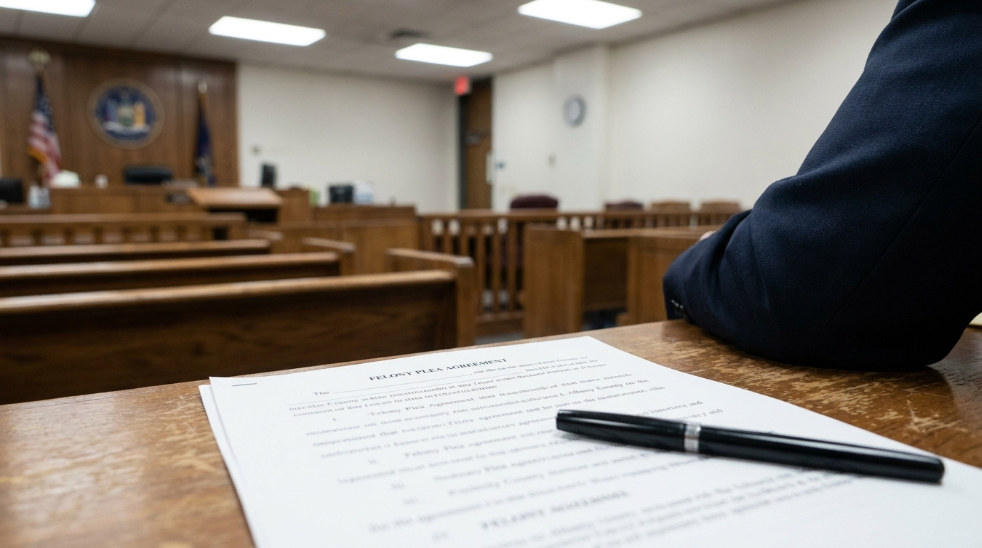 Felony Plea Agreement Document Albany County Courtroom Felony plea agreement document and pen on courtroom defense table