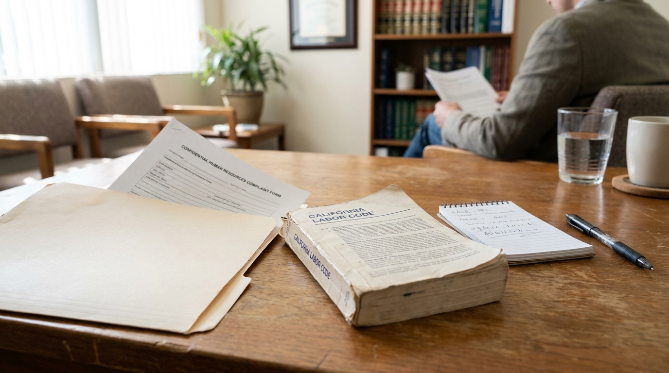 California Labor Code book and confidential HR complaint form on office desk
