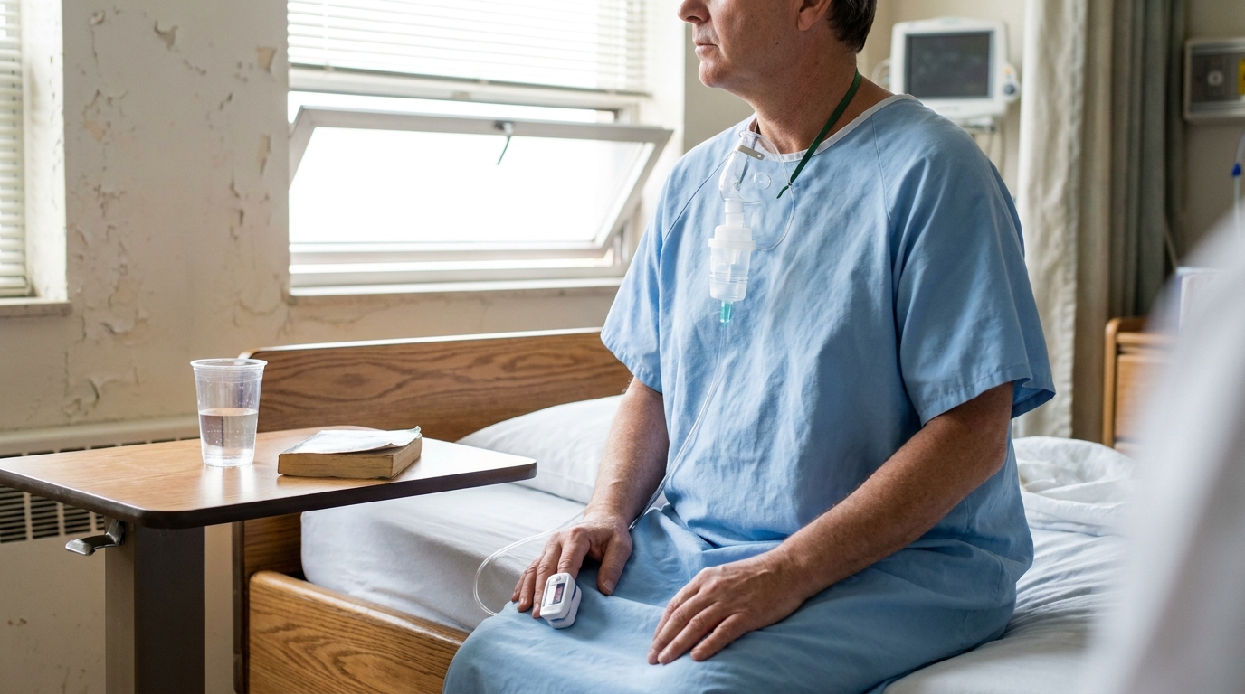 patient in hospital gown seated on bed with oxygen mask and pulse oximeter