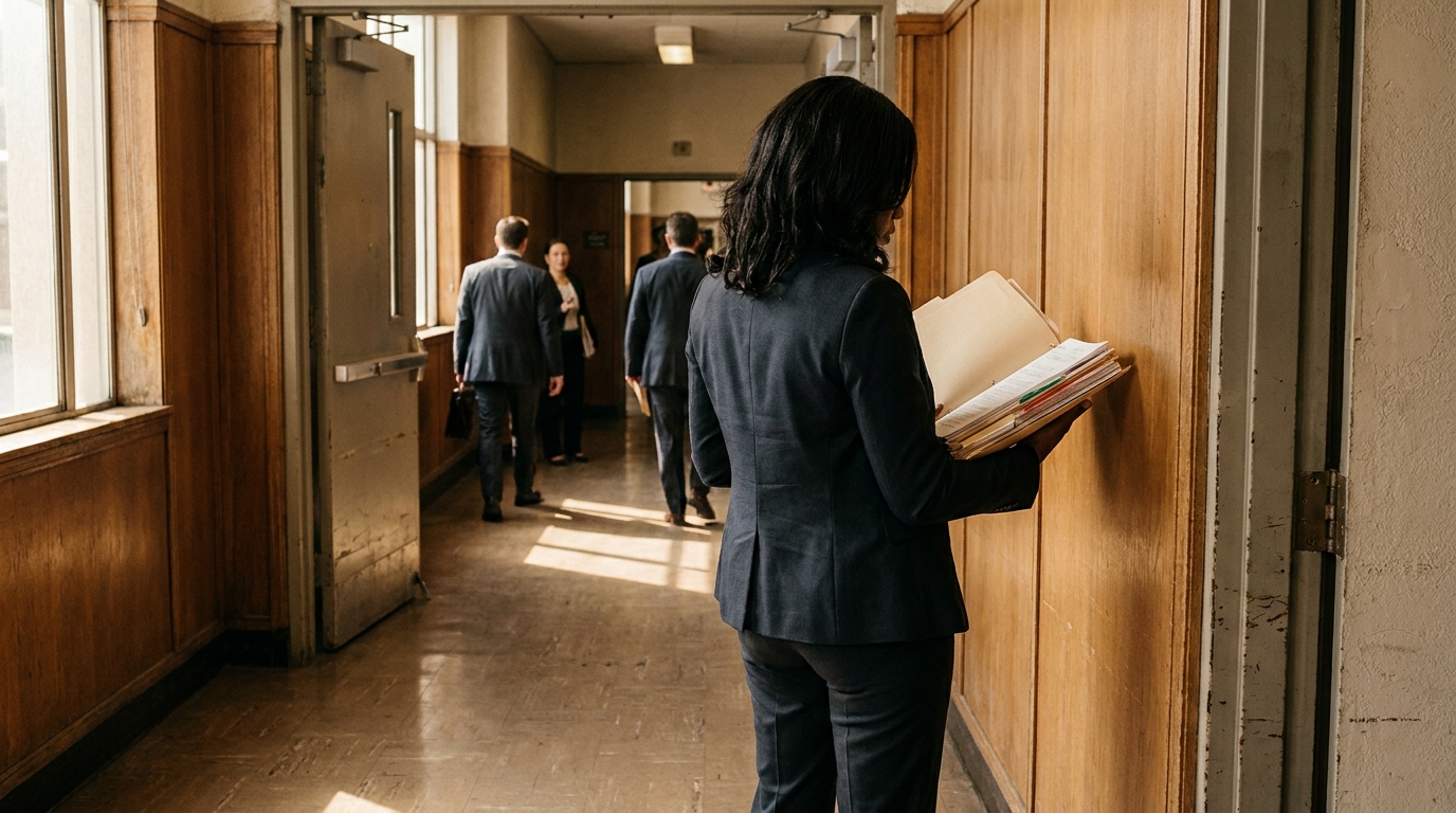 attorney in suit carrying open case files through courthouse hallway