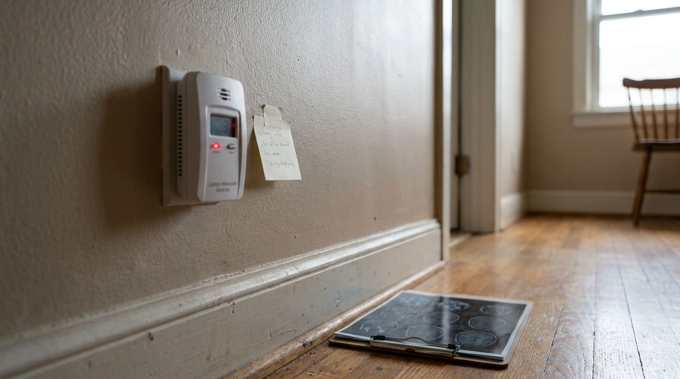 carbon monoxide detector with alert light mounted on wall above brain scan on floor