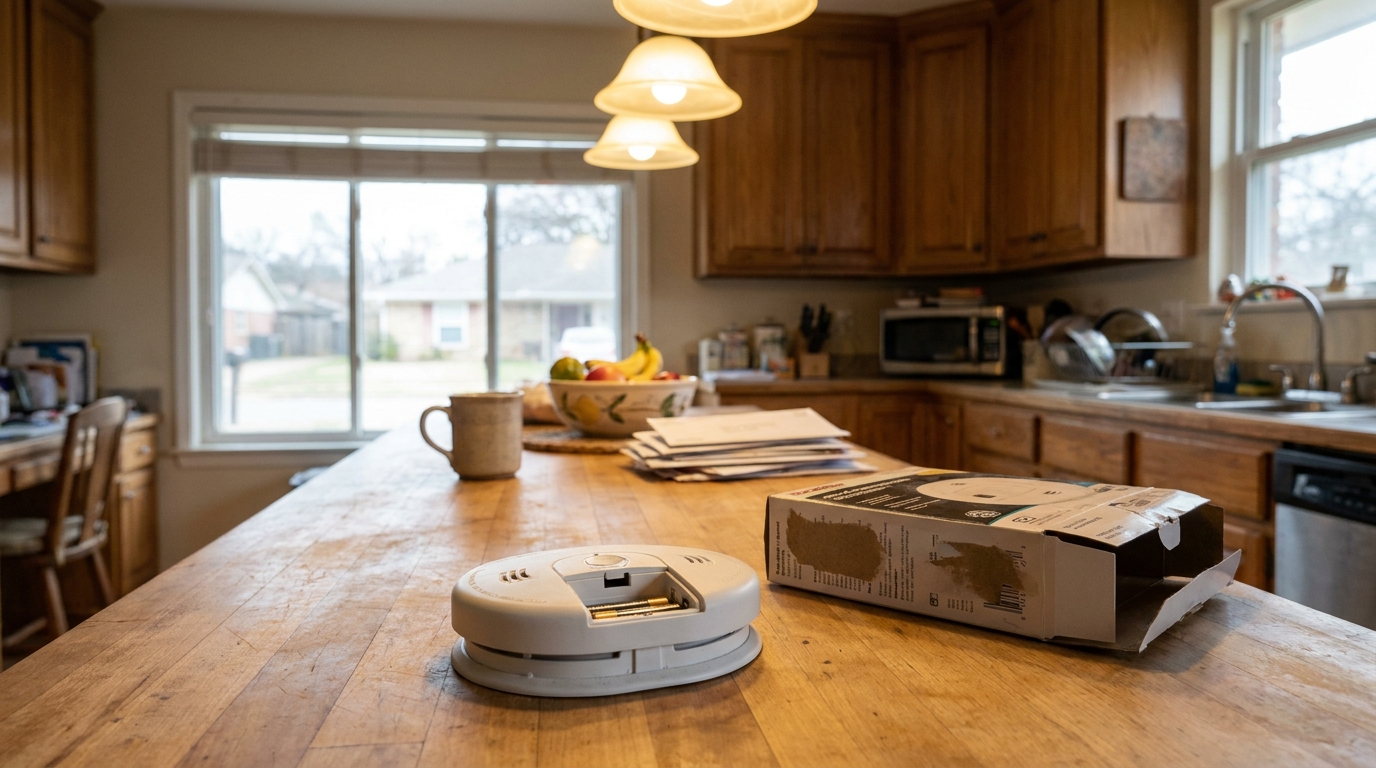 Recalled CO Detector on Dallas Home Kitchen Counter smoke detector with batteries removed resting on residential kitchen counter beside open packaging