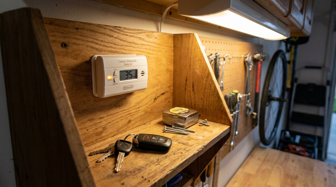 Carbon Monoxide Detector and Keyless Car Key in Texas Garage Carbon Monoxide Detector mounted on garage workbench shelf displaying reading