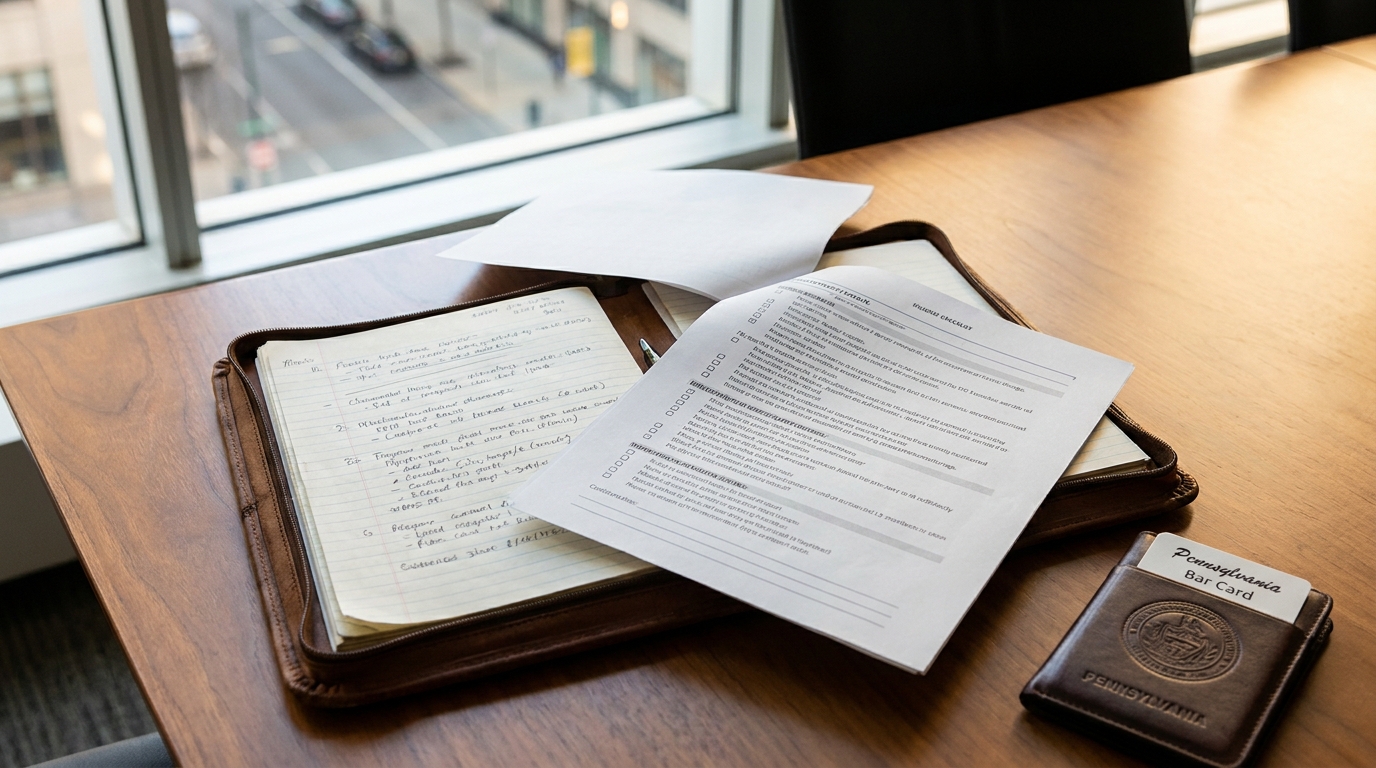 Philadelphia Business Acquisition Lawyer Notes and Pennsylvania Bar Card Pennsylvania Bar Card beside handwritten notes and legal checklist document on desk