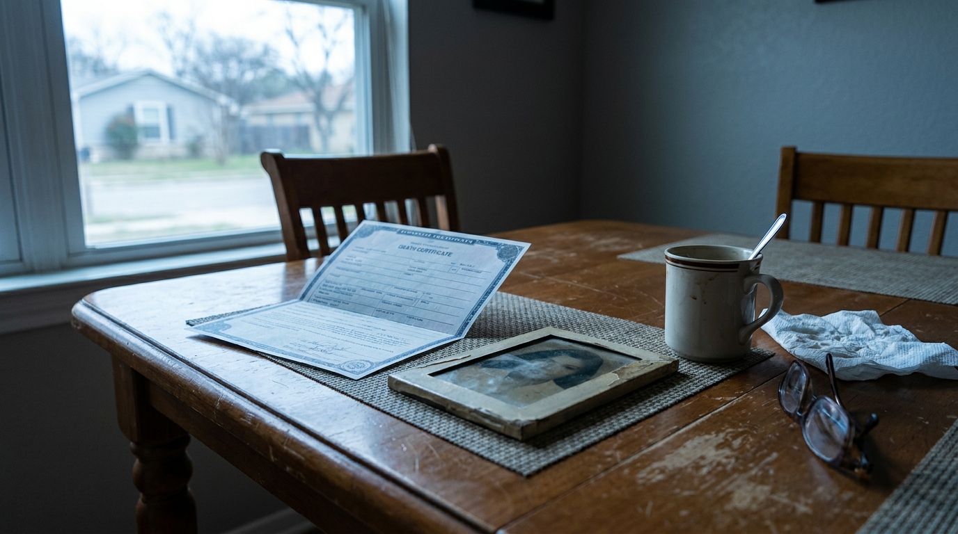 Death Certificate and Family Photo San Antonio Wrongful Death Claim Death certificate document and framed portrait photograph resting on wooden dining table
