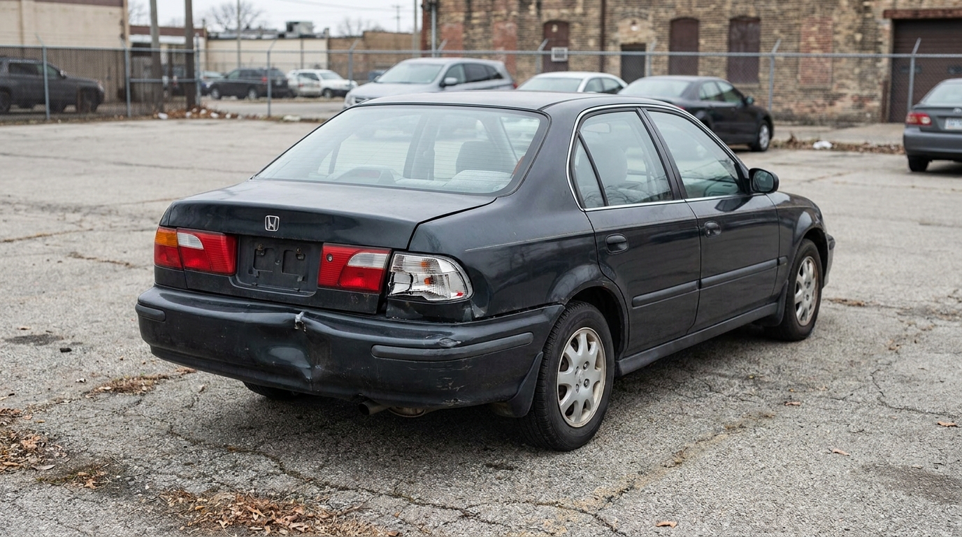 Rear End Damaged Honda After San Antonio Car Wreck Honda sedan with visible rear bumper damage parked in urban lot