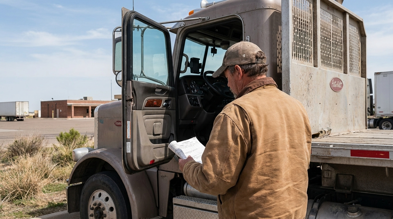 truck driver reviewing paperwork beside open door of Peterbilt semi-truck