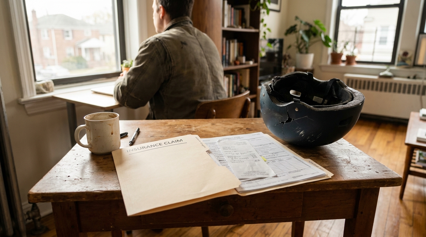 insurance claim documents and cracked hard hat on desk with man seated nearby