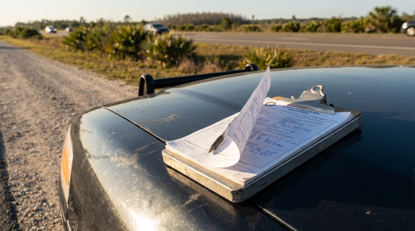 Car Accident Report Clipboard on Vehicle Melbourne FL clipboard with accident report form and pen resting on vehicle hood roadside
