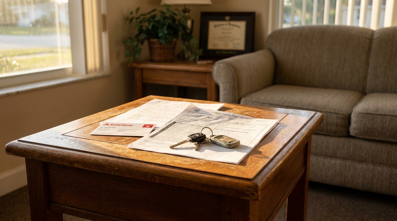 Florida traffic crash report and State Farm document with car keys on wooden table