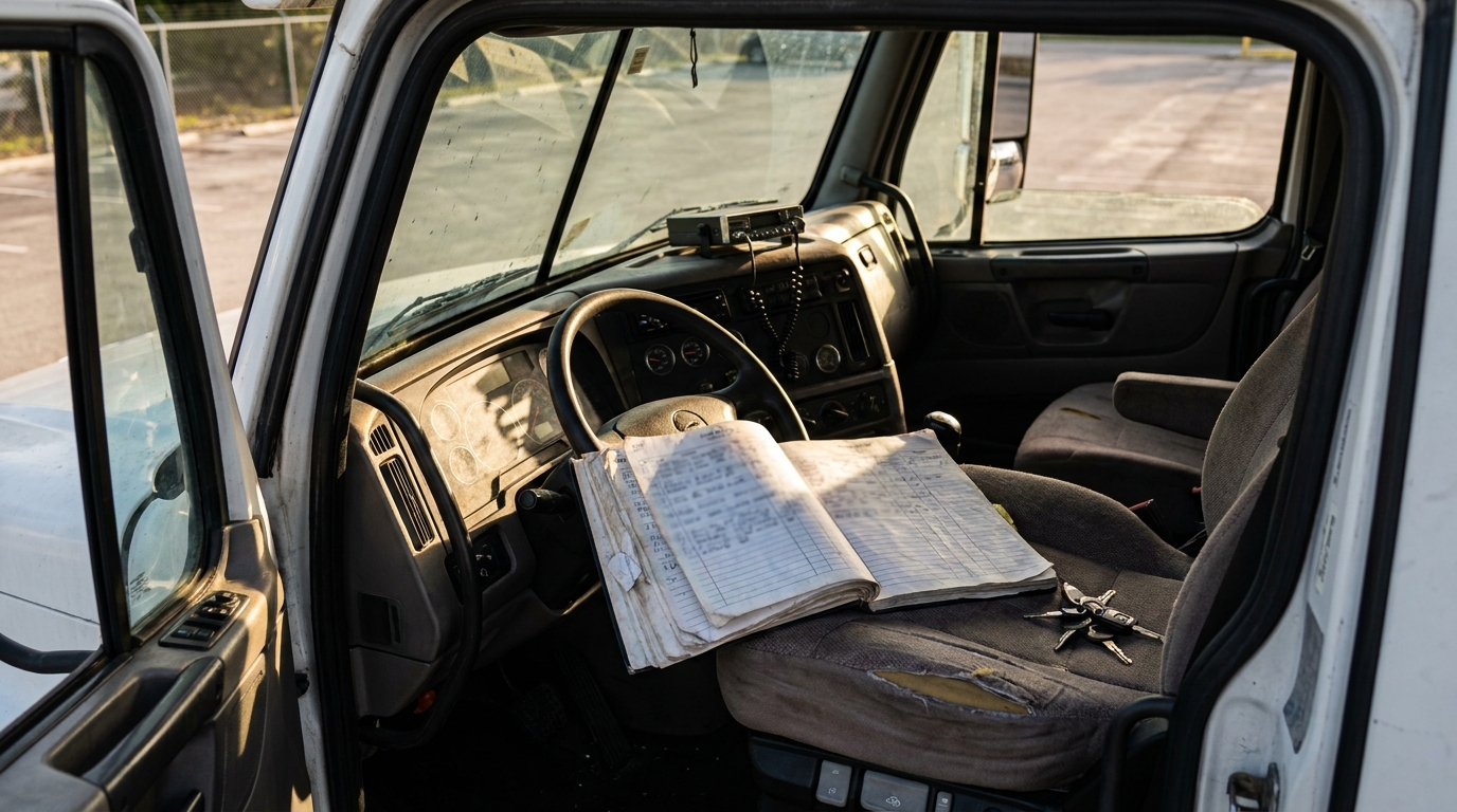 Commercial Truck Driver Logbook Inside Cab Melbourne FL commercial truck cab interior with open logbook and keys on driver seat