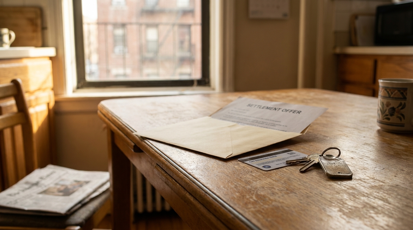 Settlement offer document, car insurance card, and keys resting on wooden table