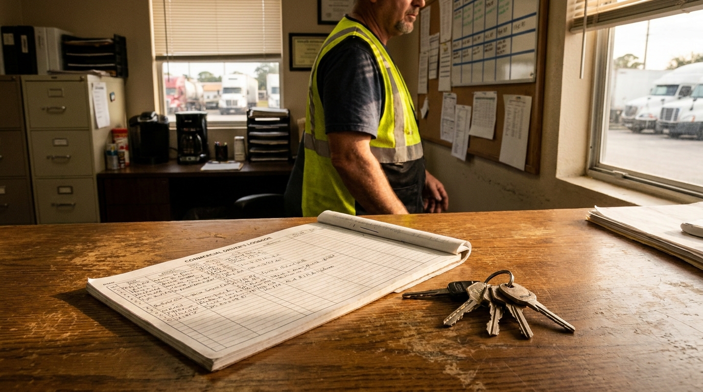 Palm Bay Trucking Company Driver Logbook Vicarious Liability Commercial driver's logbook and keys on desk with truck driver in safety vest