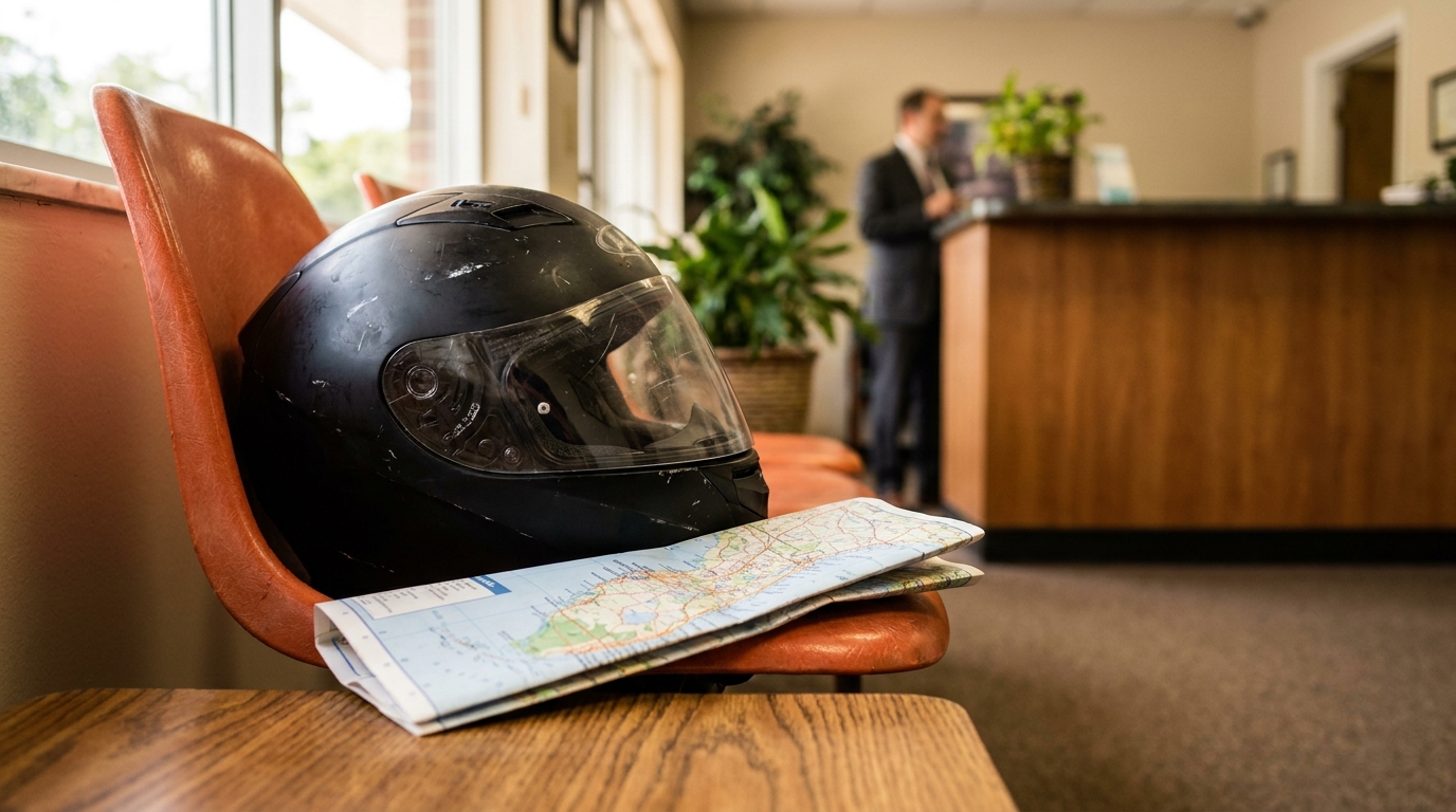 Orlando Motorcycle Accident Attorney Office Helmet and Map motorcycle helmet and road map resting on chair in law firm lobby