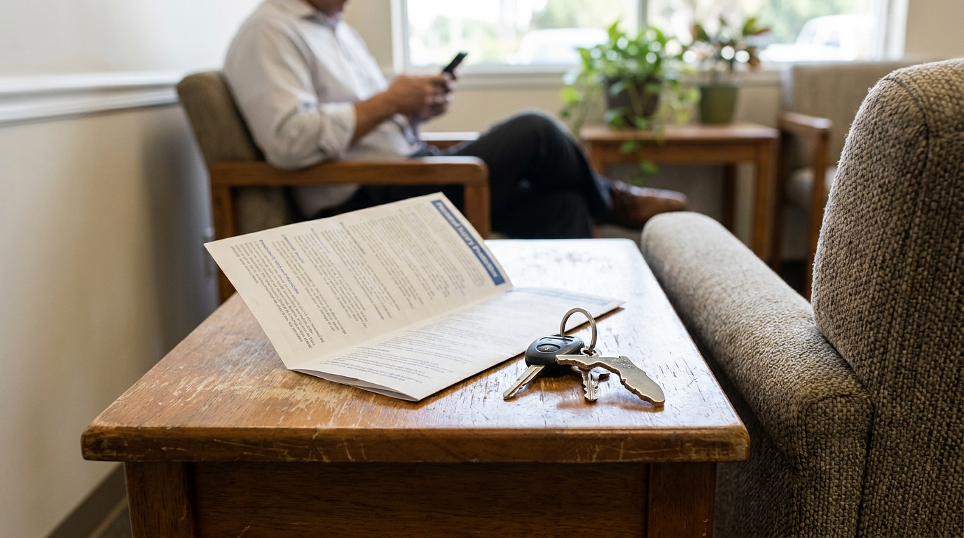 car keys and printed legal document resting on wooden waiting room table