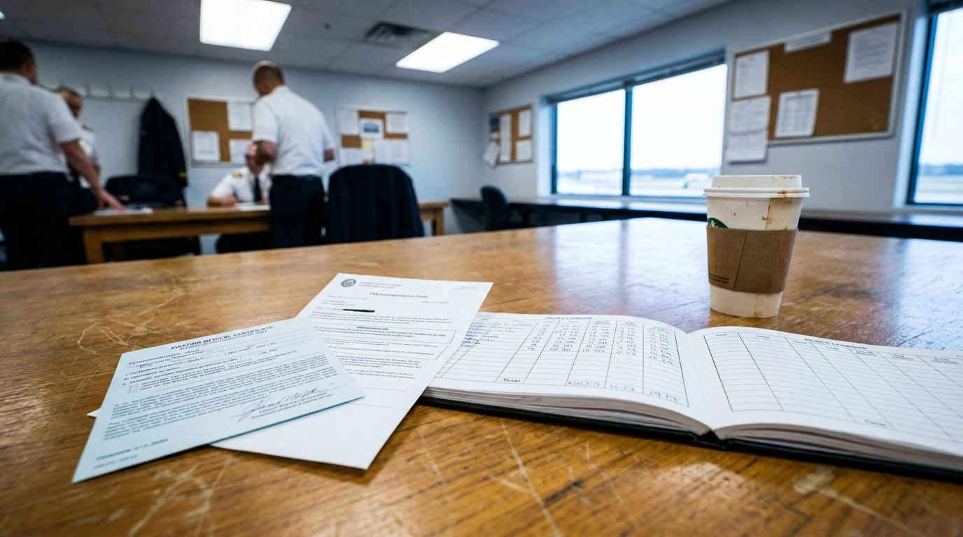 FAA OSA Treated Status Report Pilot Compliance Documents 2026 Airman medical certificate and pilot logbook on table in aviation briefing room