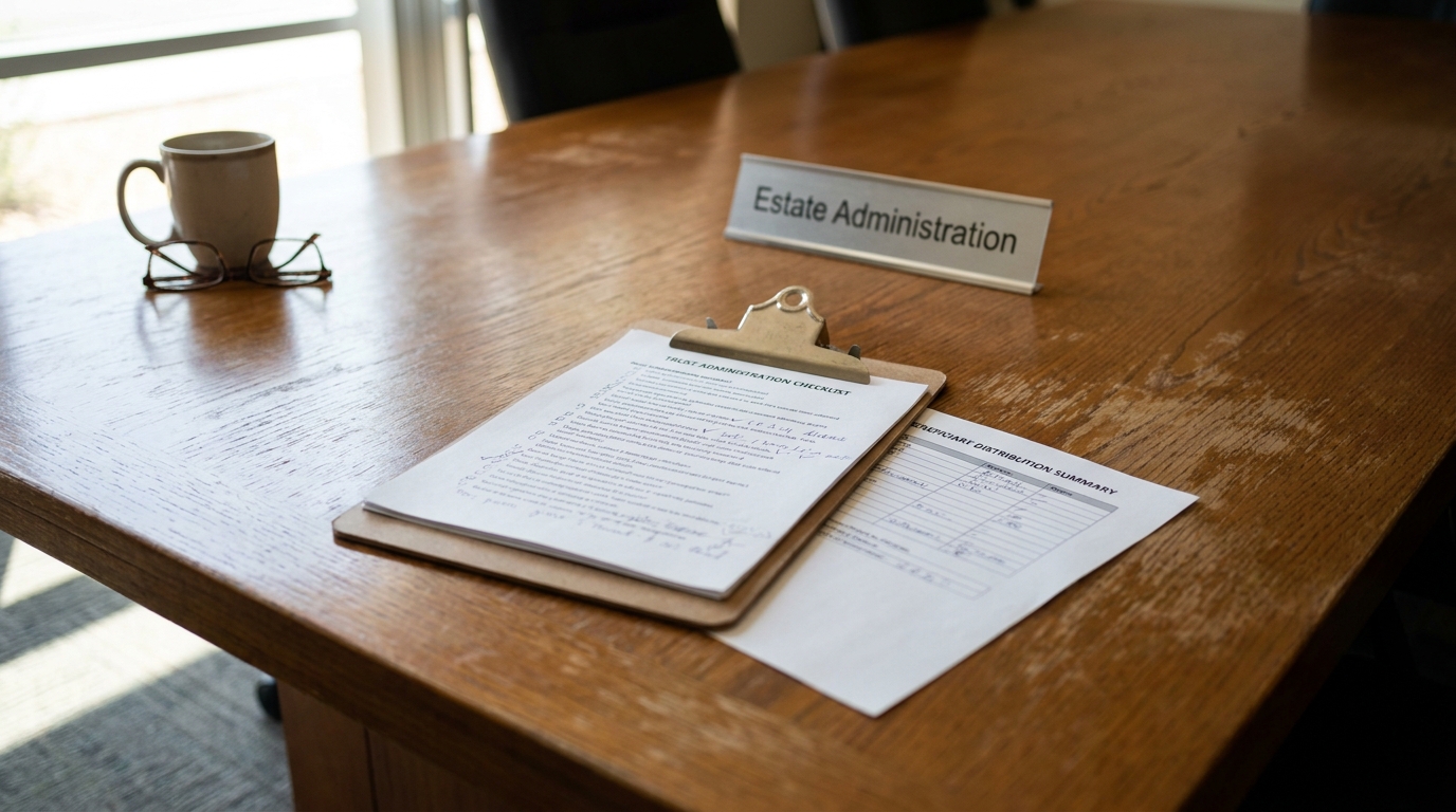 Estate Administration nameplate beside Trust Administration Checklist and Beneficiary Distribution Summary on wooden desk