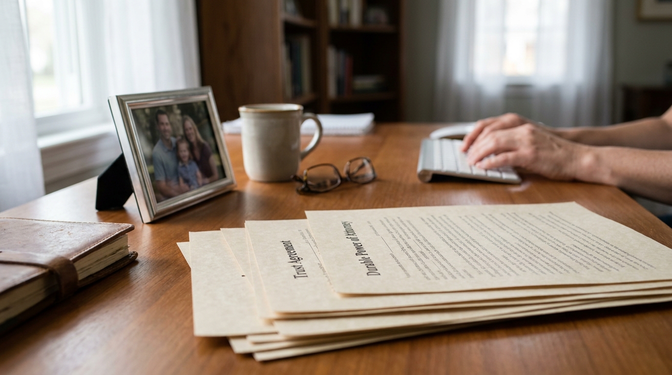 Mesa Estate Planning Attorney Reviewing Trust Agreement Documents Trust Agreement and Durable Power of Attorney documents on desk with family photo