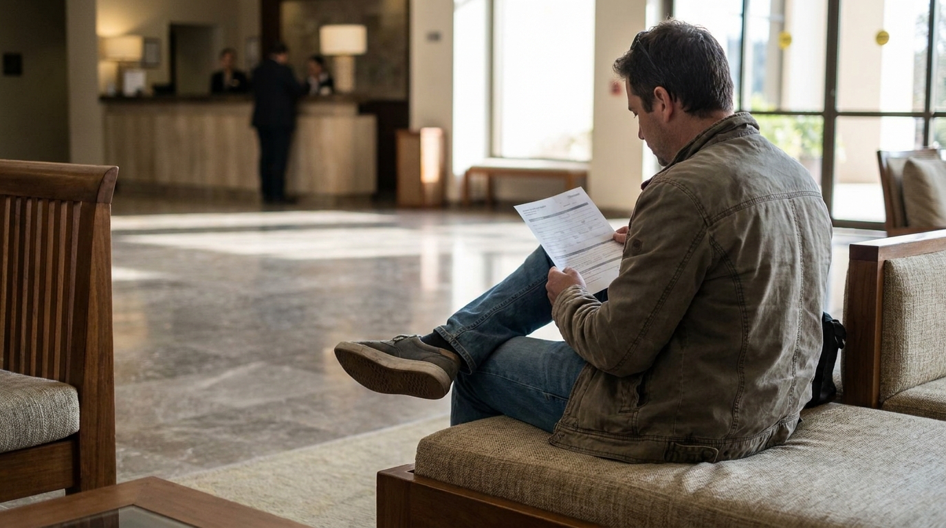 man seated in lobby reading printed document with reception desk in background