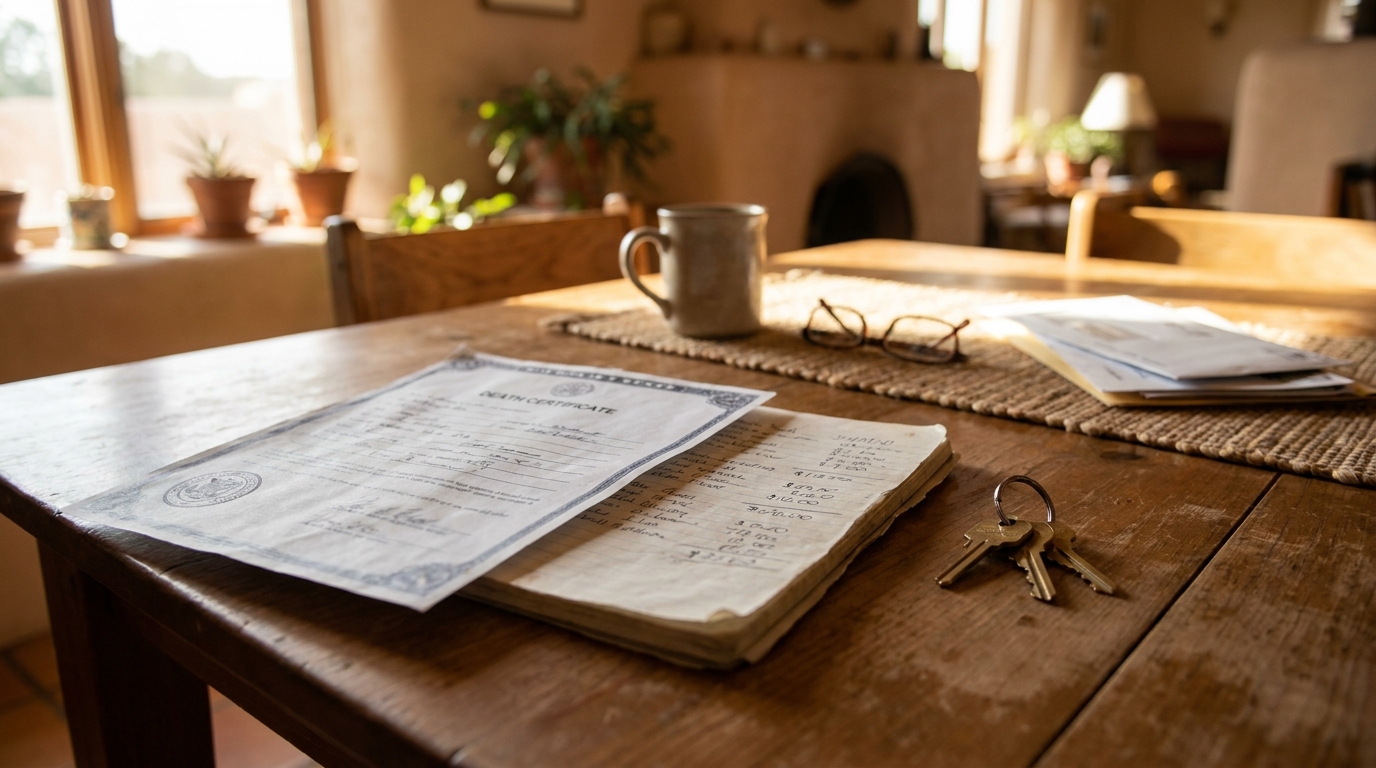 death certificate and handwritten documents with keys on wooden table