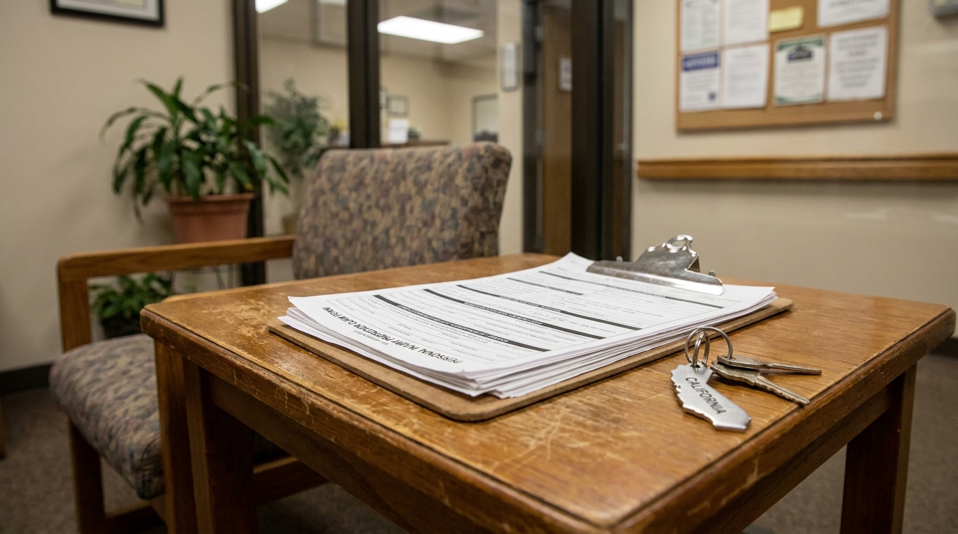 PIP Claim Forms and Car Keys Hollywood Florida Attorney Office clipboard with legal documents and California keychain resting on wooden office desk
